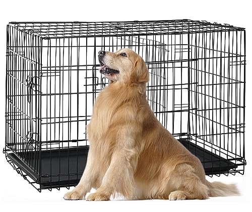 Heavy Duty Large Dog Crate, 48 Inch Dog Crates for Large Dogs, Metal Wire Folding Dog Cage with Removable Trays, Locks, Double-Door, Divider Panel, Handle, XXL Dog Crate Pet Crate (48 in, Black) - color: Black, size: 48.0"L x 30.0"W x 33.0"H
