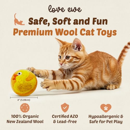 Hustle & Blush Love Ewe Felted Cat Toys 3 Pack - 2 Inch Duck & Bunny Hand Made Cute & Fun Design Kitten Wool Felt Balls for Indoor Play & Exercise - 100% New Zealand Handmade Felted Balls - color: Duck/Bunny