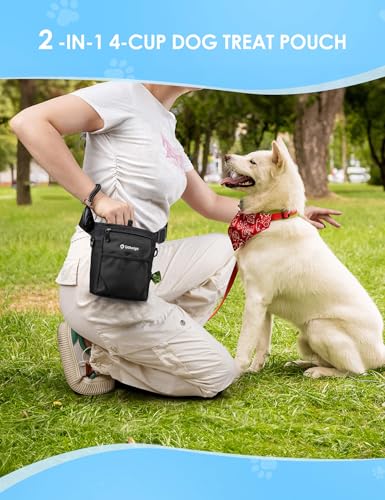 Gobeigo Dog Treat Pouch, Magnetic Closure & Sealable Silicone Bag Insert, 4-Cup Capacity – Belt Clip/Waist Belt/Crossbody Wear, Clicker Included – Great for Pet Training & Walking (Black) - color: Black