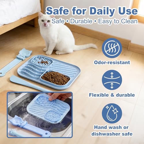 AZY 3-Piece Slow Feeder Cat Bowl and Lick Mat Set – Silicone Cat Treat Spoon & Feeding Mat for Wet Food, Enrichment and Slow Eating (Blue) - color: blue
