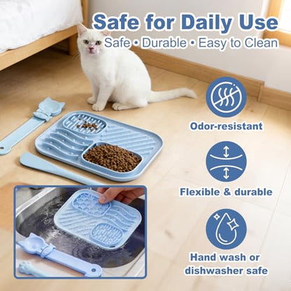 AZY 3-Piece Slow Feeder Cat Bowl and Lick Mat Set – Silicone Cat Treat Spoon & Feeding Mat for Wet Food, Enrichment and Slow Eating (Blue) - color: blue