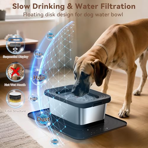 10L No Spill Dog Water Bowl, 2.6 Gal Stainless Steel No Splash Large Dog Water Bowl with Non-Slip Silicone Mat, Spill Proof Slow Drinking Pet Bowls for Messy Drinkers Indoor/Outdoor Use Black - color: Black