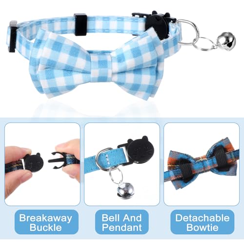 3Pcs Cute Cotton Kitten Collar with Removable Bow Tie and Bell, Adjustable Cat Breakaway Collar, Soft Bowtie Dog Collars Pattern Accessories for Small Medium Large Pet