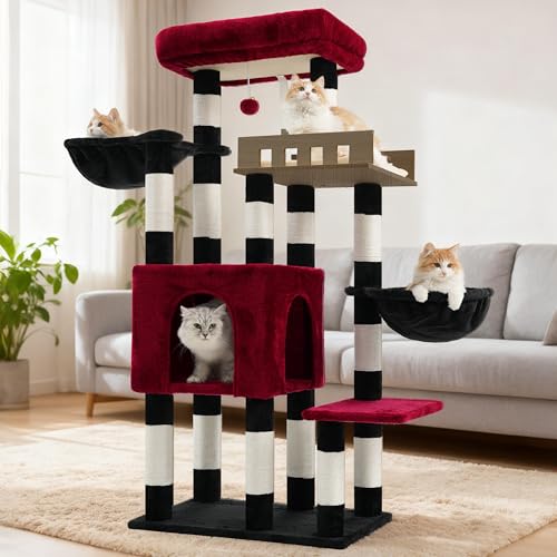 Gitelsnour Cat Tree for Indoor Cats Large Adult, Heavy Duty Cat Tree for Large Cats 20 lbs+, Cat Condo with Big Wooden Perch, Cat Tower with 14 Scratching Posts, Hammock, Black GCT023BR - color: Black and red, size: 52 inches