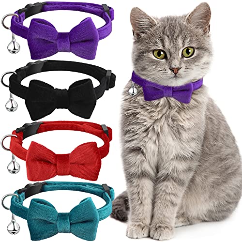 4 Pieces Cat Bow Tie Collar with Bell Breakaway Cat Comfortable Velvet with Cute Safety Pet Collar for Pet Kitten Puppy(Small,Black, Red, Purple, Blue) - color: Black, Red, Purple, Blue, size: Small