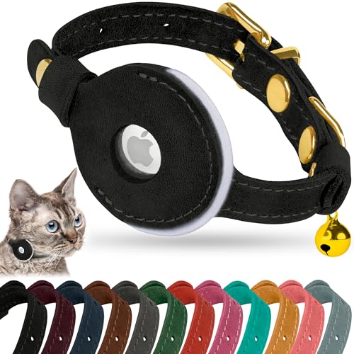 OOPSDOGGY Reflective Leather AirTag Cat Collar with Bell - Non Breakaway Adjustable Pet Collar with Apple Air Tag Holder - Lightweight GPS Kitten Collars for Small Dogs Puppy (Black) - color: Black