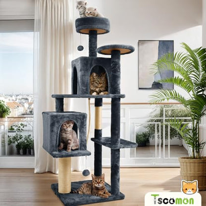 58.5inch Large Cat Tree Tower Condo for Indoor Cats, Soft Plush Multi-Level Climbing Tree Cat House, Scratching Post, More Entrance/Exit, Sisal Rope, Black Grey - color: Black Grey