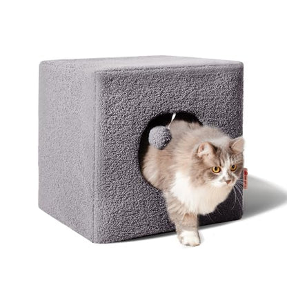 Cat Cubby for Indoor Cats, Fluffy Large Cube Cat Cave Bed, Cat House Hideaway for Multiple Cats & Small Pets, Detachable Sherpa Cover 16 Inches