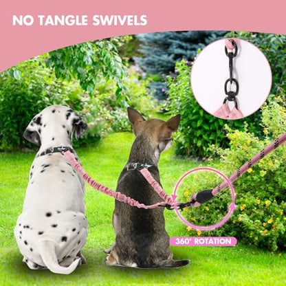 BAOBOTE Pet Double Dog Leash, Shock Absorbing Reflective Bungee Lead Walk 2 Dogs with Ease, 360° Swivel No Tangle Double Dog Walking & Training Leash, Dual Dog Leashs for 6-120lbs Dogs (Pink) - color: Pink