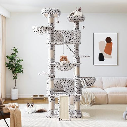 Allewie 81 Inches Tall Cat Tree/Multi-Level Large Climbing Tree House and Towers for Big Feline/Condo and Hammock/Scratching Post/Wide Base/White & Black Spot - color: White & Black Spo