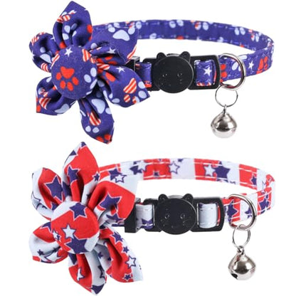 American Flag Cat Collar with Bell Sunflower Star Adjustable 4th of July Breakaway Kitten for Independence Day - color: 4th of July-1-sunflower