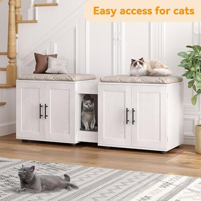 Garvee Cat Litter Box Enclosure for 2 Cats, 55" Hiddden Litter Box Enclosure Furniture 3-in-1 Wooden Litter Cabinet with Barn Door & Double Rooms for Bedroom Living Room,White - color: White