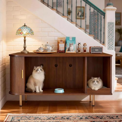 Cat Litter Box Enclosure with Scratch Pad, Sliding Door, 38.5" Cat Litter Furniture Hidden Litter Box Cabinet, Modern Indoor Cat House, TV Stand, Side End Table for Living Room (Walnut) - color: Walnut