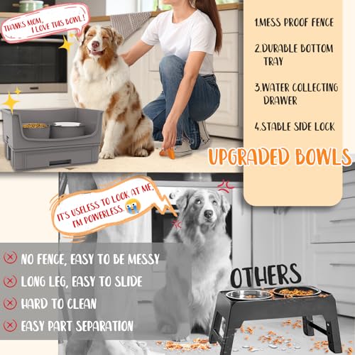 Elevated Dog Bowl Stand Set,Quiet Eating Mess Proof Raised Dog Bowls 2 Stainless Steel Pet Food Bowls,Splash Water Collection Non-Slip Medium Sized Feeding Table - color: Grey, size: Medium