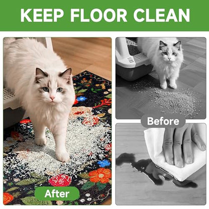 Cat Litter Mat, 35" x 23" Litter Box mat, Traps 100% Litter, Non-Slip Kitty Litter Trapping mats, Large Cute Litter mat, Easy Clean for Scatter Control, Bohe cat Food mat, Urine Waterproof - color: Black Garden, size: Large（35"x23"）