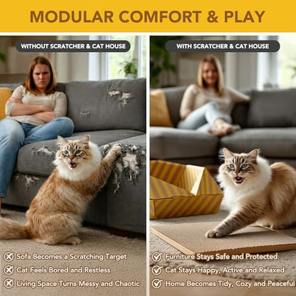 Foldable Cardboard Cat House & Bed for Indoor Cats – Origami Cat Cardboard Hideaway with Honeycomb Scratcher Pad, Collapsible Travel-Ready, FSC-Certified, Silver Award Winner, Yellow - color: Yellow