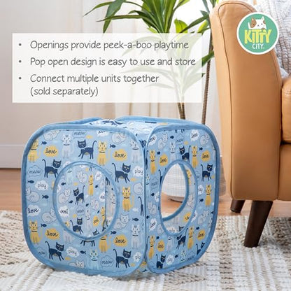 Kitty City Blue Cat-Themed Cat Play Furniture Set, Collapsible Pop-Up Cat Toys Combo with Cube, Tunnel & House, Indoor Cat Playground for Play, Hiding & Lounging - color: G) Cat Print Play Combo (Blue)