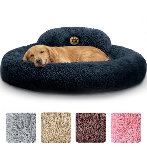 PetJett XL Dog Beds for Large Sized Dog - 45'' Extra Large Dog Bed, Washable Dog Bed - Anti-Slip Super Soft Round Donut Bed, Fluffy Faux Fur Anti-Anxiety Premium Comfort Pet Bed, Fits Dogs upto 120lbs - color: Dark Gray, size: X-Large - 45"L x 45"W x 8"Th
