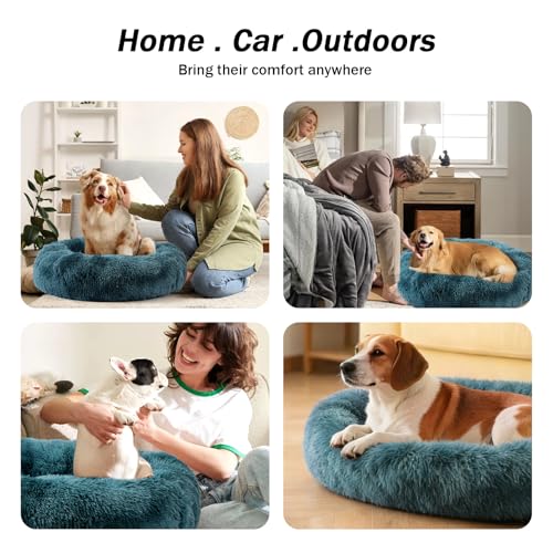Calming Donut Dog Bed for Small to Medium Dogs & Cats - Plush Faux Fur Anti-Anxiety Pet Bed with Machine Washable Cover & Non-Slip Base - color: Gradient Blue, size: Small 19.6''