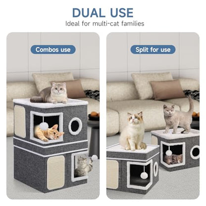 Shikha 2-Storey Cat Houses for Indoor Cats, Dual-Purpose Double Large Cat Beds Cave with Hideaway Condos, Scratch Pads, Fluffy Balls, Foldable Indoor Cat Cube House for Multi Small Pets Kitten, Grey - style: Grey