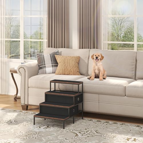 Saudism Dog Window Perch with 360° & Adjustable Raised Feeder, Pet Bunk Bed with Stair and Drawers, Elevated Platform Bed, Pet Elevated Seat with Cushion, Paw-Friendly Ladder
