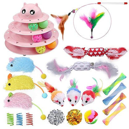 UPSKY 24 PCS Cat Toys, 3-Level Turntable Kitten Toys Set, Interactive Cat Roller Toys for Indoor Cats, Catnip Toys, Cat Teaser Toys, Mice Toys, Spring Toys, Various Ball Toys for Kitty - color: D-24PCS-Pink