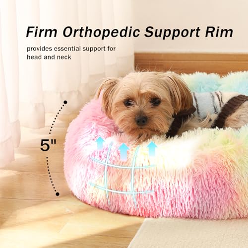 Calming Donut Dog Bed for Small to Medium Dogs & Cats - Plush Faux Fur Anti-Anxiety Pet Bed with Machine Washable Cover & Non-Slip Base - color: Rainbow, size: Small 19.6''