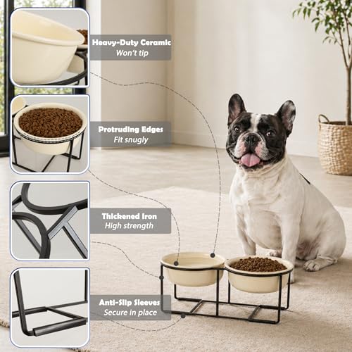 Ceramic Elevated Dog Bowl Set - Raised Food and Water Bowls with Metal Stand - Double Pet Dishes for Small and Medium Dogs - 3 Cups - 24.3 fl oz - Beige - color: Beige, size: L-400ml