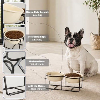 Ceramic Elevated Dog Bowl Set - Raised Food and Water Bowls with Metal Stand - Double Pet Dishes for Small and Medium Dogs - 3 Cups - 24.3 fl oz - Beige - color: Beige, size: L-400ml