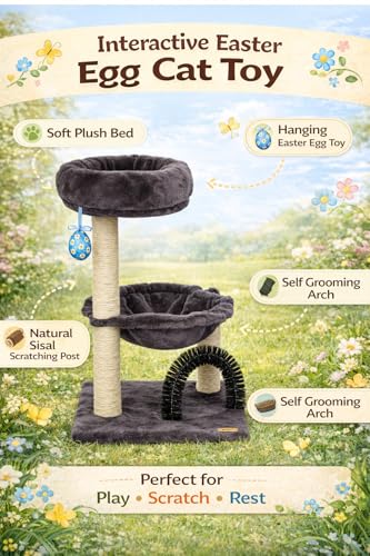 Simple Deluxe 27.8" Small Cat Tree with Easter Eggs,Multi-Level Cute Cat Tree with Scratching Post| Plush Hammock| Perch| Random 3 Pcs Easter Eggs| Groomer Brush for Kittens Play & Rest - color: Smoky Gray & Easter Eggs