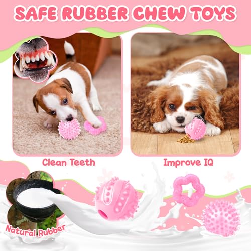 Zeaxuie Pink Puppy Toys for Teething - 9 Pack Small Dog Set With Chew, Squeaky Crinkle, Treat Ball and Interactive Rope for Puppies - color: 9 Pack (Pink-Bunny)