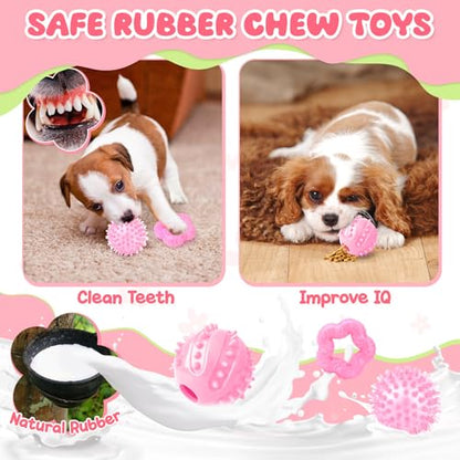 Zeaxuie Pink Puppy Toys for Teething - 9 Pack Small Dog Set With Chew, Squeaky Crinkle, Treat Ball and Interactive Rope for Puppies - color: 9 Pack (Pink-Bunny)