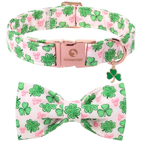 DOGWONG St. Patrick's Day Shamrock Dog Collar with Bow,Pink Green Four Leaf Clover Pattern Dog Collar, Adjustable Durable Soft Collars Irish Gift for Male Female Dogs,S - color: C-Pink shamrock bow, size: S