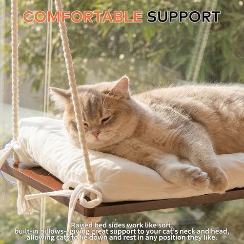 Cat Window Perch for Indoor Cats, Wooden Cat Bed for Window with Washable Cushion, Hanging Kitty Hammock Suitable for Small-to-Large Cats