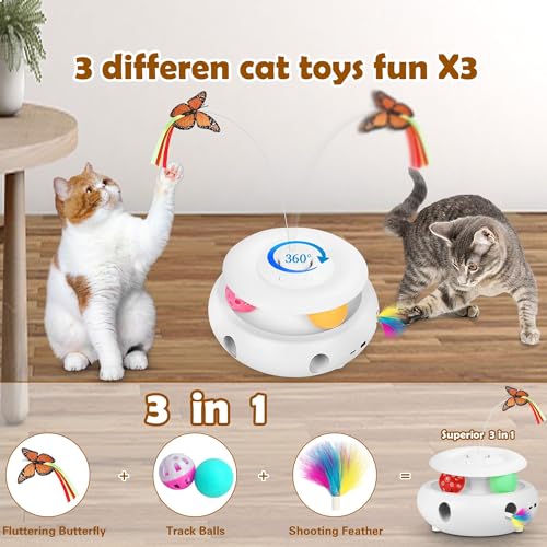 Cat Toys, 3-in-1 Interactive Cat Toy for Indoor Cats, Rechargeable Automatic Kitten Toy with Fluttering Butterfly, Moving Feather, Smart Sensor 6 Holes Whack-A-Mole & Track Balls (White) - color: white