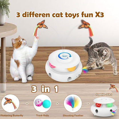 Cat Toys, 3-in-1 Interactive Cat Toy for Indoor Cats, Rechargeable Automatic Kitten Toy with Fluttering Butterfly, Moving Feather, Smart Sensor 6 Holes Whack-A-Mole & Track Balls (White) - color: white