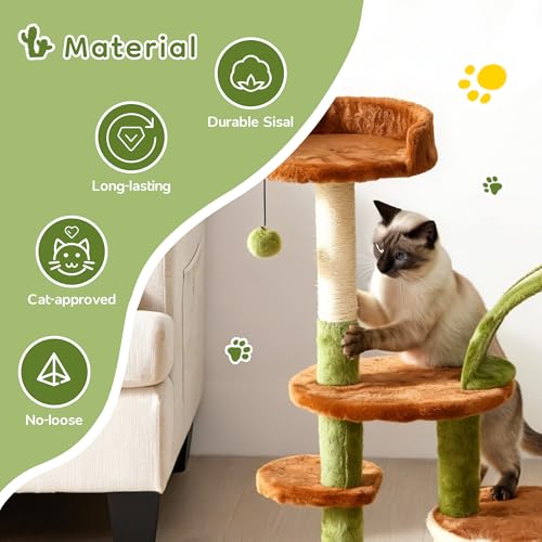 Cactus Cat Tree for Indoor Cats, 36.6" Small Cat Tower with Sisal Scratching Posts, Stable Cat Condo with Perches and Climbing Steps, Brown - color: Brown-1