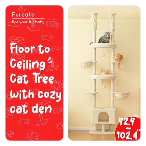 Cat Tree, Floor to Ceiling Cat Tower Adjustable Height [92.9-102.4 in=235-258cm], 7 Tiers Cat Climbing Play House with Scratching Post, Cozy Condo & Hammocks for Indoor Cats, Beige - color: Beige