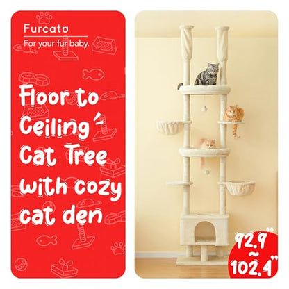 Cat Tree, Floor to Ceiling Cat Tower Adjustable Height [92.9-102.4 in=235-258cm], 7 Tiers Cat Climbing Play House with Scratching Post, Cozy Condo & Hammocks for Indoor Cats, Beige - color: Beige