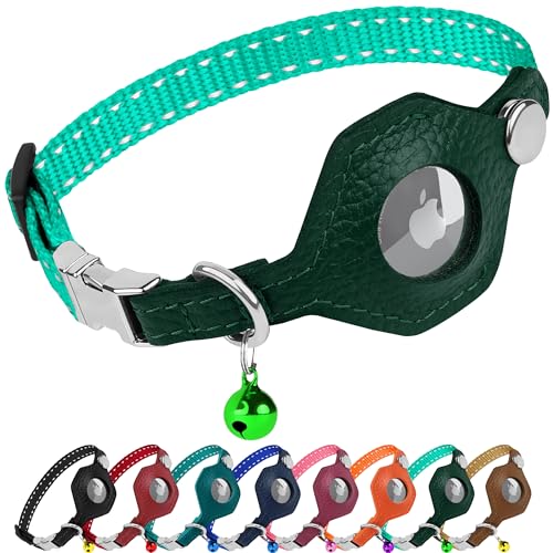 Reflective AirTag Cat Collar with Metal Buckle - Leather Soft Non Breakaway Cat Collars with Apple Air Tag Holder and Bell - Tracking GPS Secure Pet Collars for Cats Kitten Puppy (Mint Green) - color: Mint Green