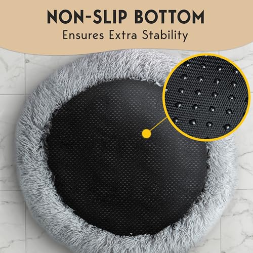 PetJett Dog Beds Large Sized Dog - 36'' Calming Round Bed, Washable Dog Bed - Anti-Slip Super Soft Donut Bed, Fluffy Faux Fur Anti-Anxiety Premium Comfort Pet Bed, Fits Dogs up to 80 lbs - Bright Grey - color: Bright Grey, size: Large - 36”L x 36”W x 8”Th