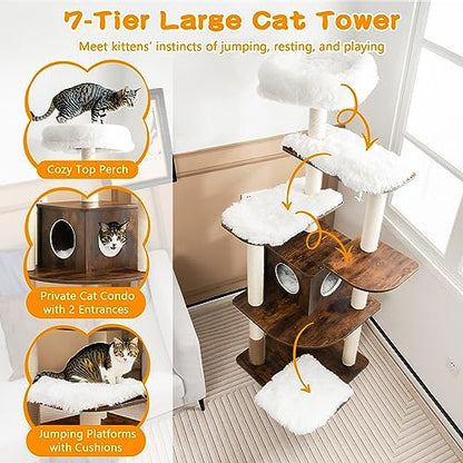 Tangkula Tall Cat Tree, 71-Inch Cat Tower with Multi-Layer Platform, Modern Wood Cat Tree with Sisal Scratching Posts, Self Groomer, Cat Condo, Washable Cushions for Large Cats 20 lbs Heavy Duty - color: Brown