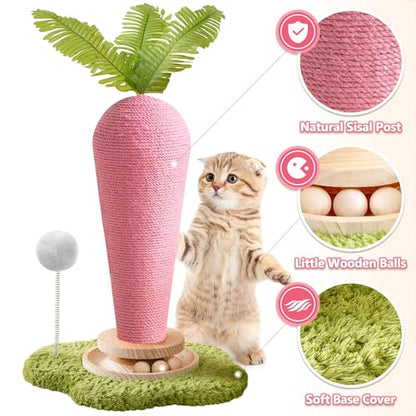 Cute Cat Scratching Post, Carrot Cat Scratcher Post with Durable Natural Wooden Turntable Toy and Catnip, 24'‘ H Carrot Shape Design Sisal Cat Tree Sisal Scratcher for Indoor Cats (Cloud Base) - color: Pink Carrot