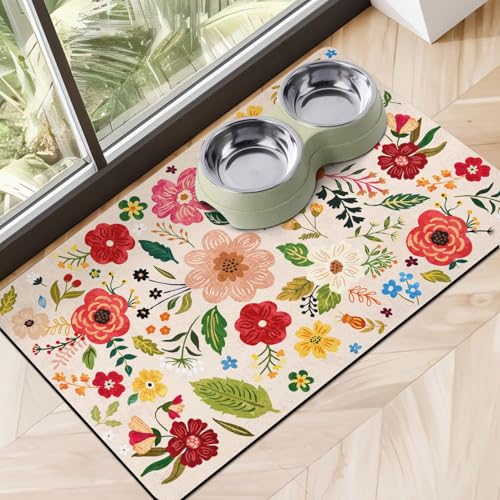Absorbent Quick Dry Pet Food Mat for Dogs and Cats - Eco-Friendly Bowl Mat for Food and Water Dispenser - 16"x24" Floor Accessory - color: Floral White, size: M(16"×24")