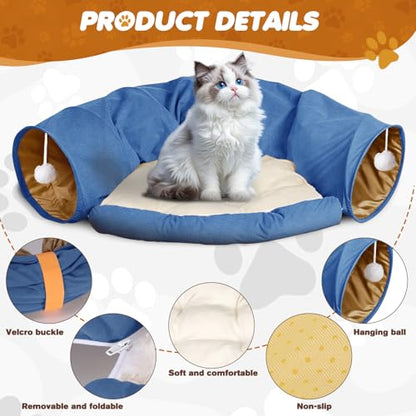 Spardar Bunny Tunnel Bed, 2-in-1 Collapsible Tunnel Tubes Toys, Washable, with Removable Mat Hideout, Interactive Toys for Rabbits Chinchilla Hedgehog Guinea Pigs Kitty, Blue - color: Blue