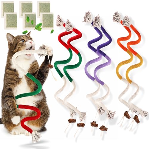 TEAWOO 6 PCS XL Cat Toys Chew Ropes, 27.56 Inches Cat Chew Rope Toy for Teeth Cleaning, Safe Catnip Toys for Cats Rope Chew Toy (6 Bags of Catnip Included)