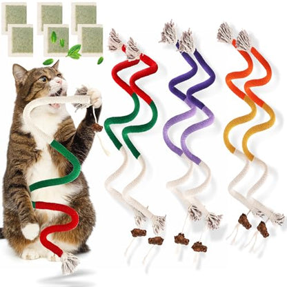 TEAWOO 6 PCS XL Cat Toys Chew Ropes, 27.56 Inches Cat Chew Rope Toy for Teeth Cleaning, Safe Catnip Toys for Cats Rope Chew Toy (6 Bags of Catnip Included)