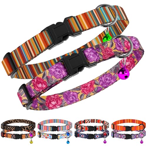 2 Pack Cat Collars with Bell - Breakaway Soft Collar for Girl & Boy Cats, Adjustable Safety Cute Kitten Collars – Comfortable Stylish Patterned Print Design Lightweight (Colorful + Flowers) - color: Colorful + Flowers