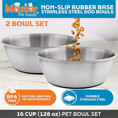 Master Pet Supply Stainless Steel Dog Bowls Set of 2 (128 Oz Each) with Non-Slip Rubber Base - Stainless Steel - Basic Dog Food Bowl Water & Food Bowls for Small Medium Large Dogs & Cats, Metal Dish - color: Stainless Steel, size: 16 Cups (128 oz) 2 Pack