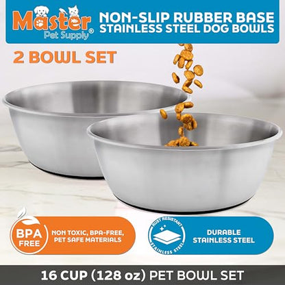 Master Pet Supply Stainless Steel Dog Bowls Set of 2 (128 Oz Each) with Non-Slip Rubber Base - Stainless Steel - Basic Dog Food Bowl Water & Food Bowls for Small Medium Large Dogs & Cats, Metal Dish - color: Stainless Steel, size: 16 Cups (128 oz) 2 Pack